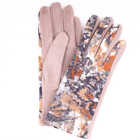 ACCESORII DAMĂ - Manusi dama clasice din material textil bej cu imprimeu floral stilizat