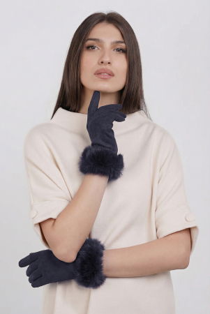 Mănuși - Manusi dama din material textil catifelat cu blanita naturala de iepure, bleumarin