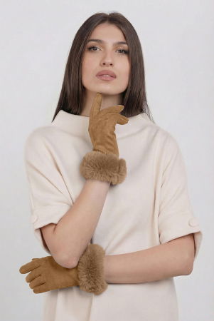 Mănuși - Manusi dama din material textil catifelat cu blanita naturala de iepure, camel