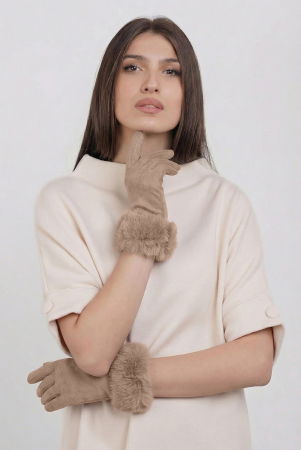 Mănuși - Manusi dama din material textil catifelat cu blanita naturala de iepure, bej