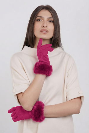 Mănuși - Manusi dama din material textil catifelat cu blanita naturala de iepure, fucsia