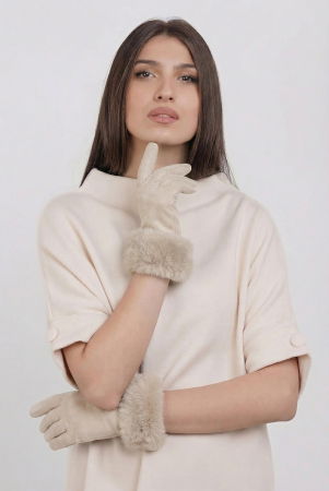 Mănuși - Manusi dama din material textil catifelat cu blanita naturala de iepure, ivory