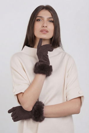 Mănuși - Manusi dama din material textil catifelat cu blanita naturala de iepure, maro