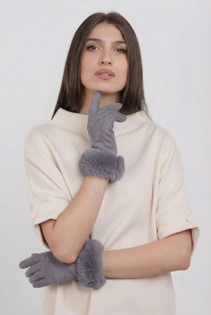 Mănuși - Manusi dama din material textil catifelat cu blanita naturala de iepure, gri