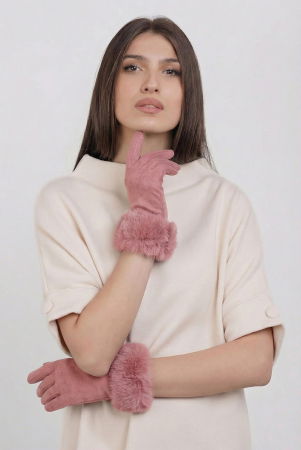 Mănuși - Manusi dama din material textil catifelat cu blanita naturala de iepure, roz prafuit