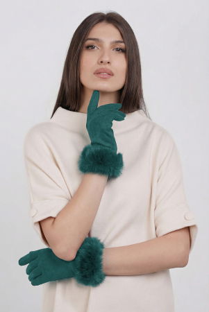 Mănuși - Manusi dama din material textil catifelat cu blanita naturala de iepure, turcoaz inchis