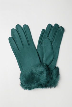 Manusi dama din material textil catifelat cu blanita naturala de iepure, turcoaz inchis [1]