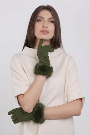 Mănuși - Manusi dama din material textil catifelat cu blanita naturala de iepure, kaki