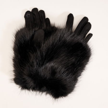 Manusi dama din material textil catifelat si suprapunere de blanita, negre [2]