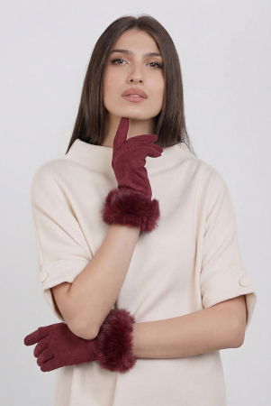 Mănuși - Manusi dama din material textil catifelate cu blanita naturala de iepure, bordo