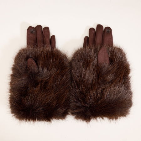 Mănuși - Manusi dama din material textil catifelat si suprapunere de blanita, maro