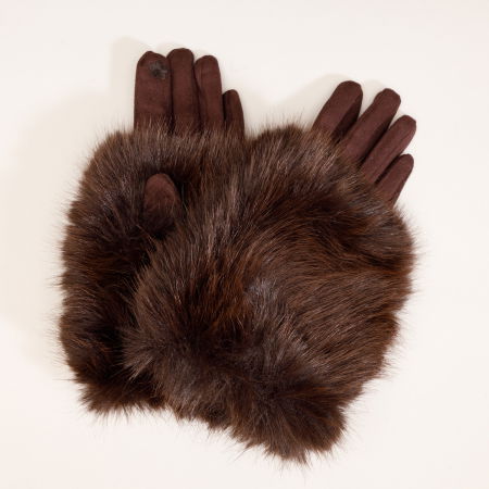 Manusi dama din material textil catifelat si suprapunere de blanita, maro [2]