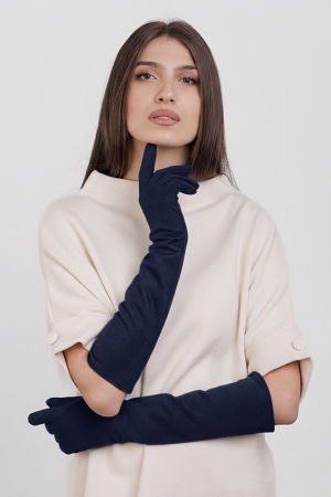 Mănuși - Manusi dama foarte lungi si simple din material textil catifelat bleumarin