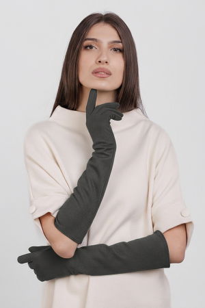 Accesorii noutati - Manusi dama foarte lungi si simple din material textil catifelat gri inchis