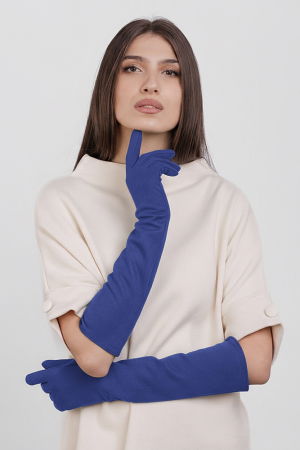 Mănuși - Manusi dama foarte lungi si simple din material textil catifelat albastru