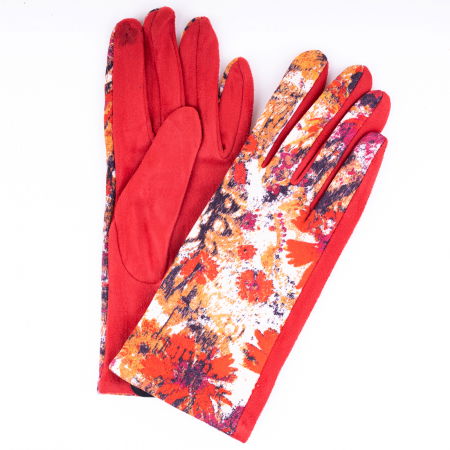 ACCESORII DAMĂ - Manusi dama clasice din material textil rosu cu imprimeu floral stilizat