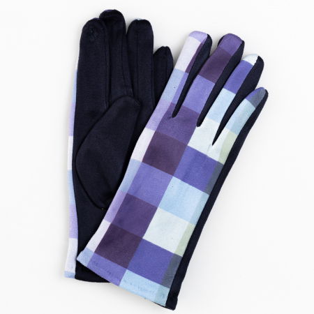 Promoții Accesorii & Bijuterii - Manusi dama imprimeu patrate albastre pe fond bleumarin, material catifelat