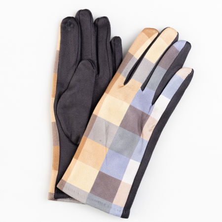 Promoții Accesorii & Bijuterii - Manusi dama imprimeu patrate camel si galben pe fond gri, material catifelat