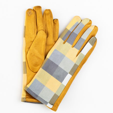 PROMOȚII - Manusi dama imprimeu patrate pe fond galben mustar, material catifelat
