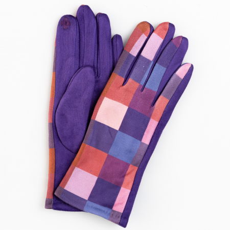 PROMOȚII - Manusi dama imprimeu patrate multicolore pe fond mov, material catifelat