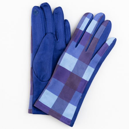 Promoții Accesorii & Bijuterii - Manusi dama imprimeu patrate albastre pe fond albastru, material catifelat