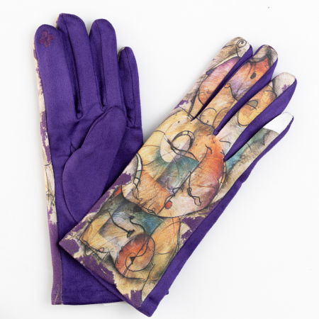 Manusi dama imprimeu pictural abstract  pe fond mov, material catifelat