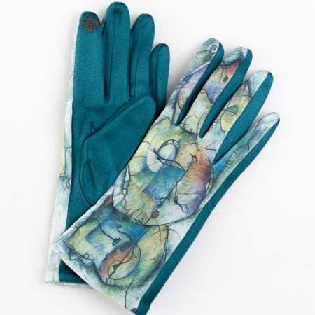 Mănuși - Manusi dama imprimeu pictural abstract  pe fond turcoaz, material catifelat