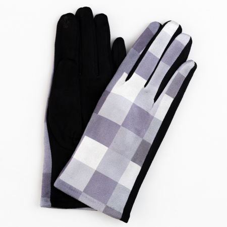 Mănuși - Manusi dama imprimeu patrate gri pe fond negru, material catifelat