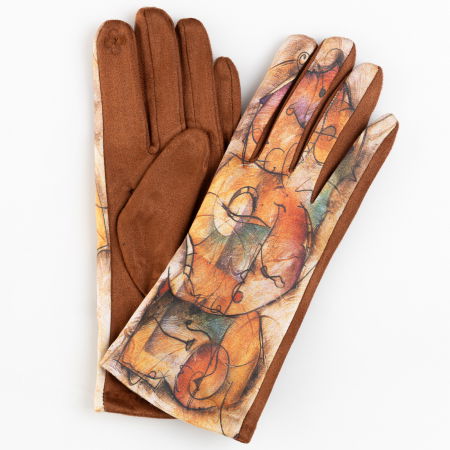 Mănuși - Manusi dama imprimeu pictural abstract pe fond caramiziu, material catifelat