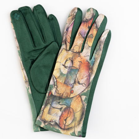 PROMOȚII - Manusi dama imprimeu pictural abstract  pe fond verde, material catifelat