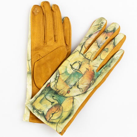 Mănuși - Manusi dama imprimeu pictural abstract pe fond galben mustar, material catifelat