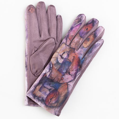 PROMOȚII - Manusi dama imprimeu pictural abstract  pe fond lila, material catifelat