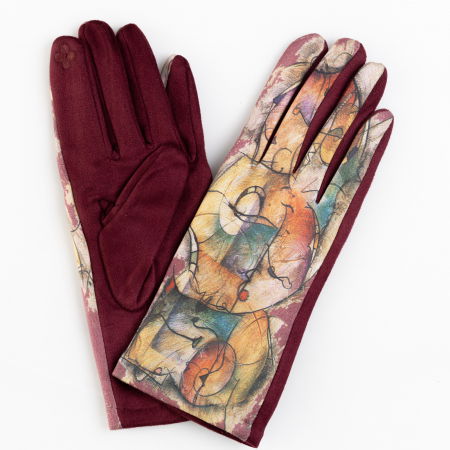 Mănuși - Manusi dama imprimeu pictural abstract  pe fond bordo, material catifelat