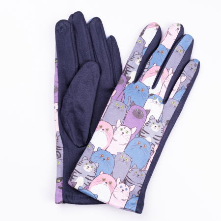 PROMOȚII - Manusi dama imprimeu pisici grasute pe fond bleumarin, material catifelat