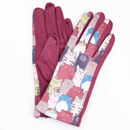 PROMOȚII - Manusi dama imprimeu pisici grasute pe fond bordo, material catifelat