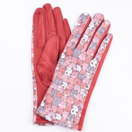 PROMOȚII - Manusi dama imprimeu pisici cu ochi mari pe fond caramiziu, material catifelat