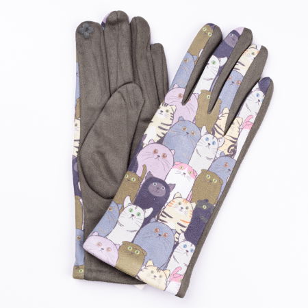 Mănuși - Manusi dama imprimeu pisici grasute pe fond kaki, material catifelat