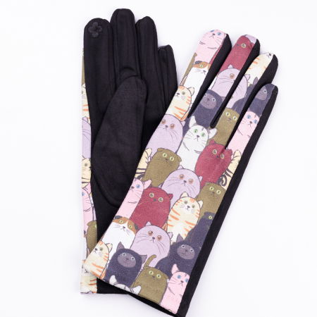 PROMOȚII - Manusi dama imprimeu pisici grasute pe fond negru, material catifelat