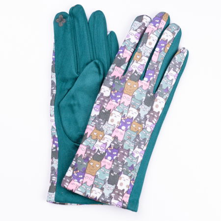 PROMOȚII - Manusi dama imprimeu pisici cu ochi mari pe fond verde samarald, material catifelat