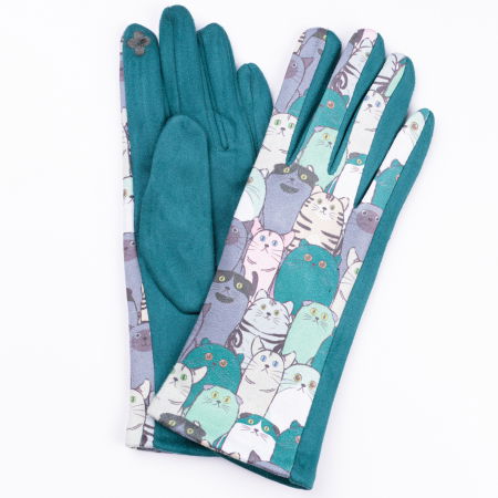 PROMOȚII - Manusi dama imprimeu pisici grasute pe fond verde samarald, material catifelat