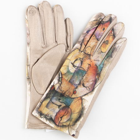 Mănuși - Manusi dama imprimeu pictural abstract  pe fond bej, material catifelat
