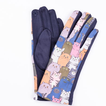 PROMOȚII - Manusi dama imprimeu pisici grasute multicolore pe fond bleumarin, material catifelat