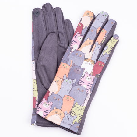 PROMOȚII - Manusi dama imprimeu pisici grasute pe fond gri, material catifelat