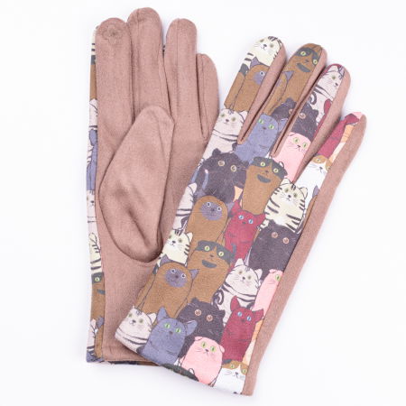 PROMOȚII - Manusi dama imprimeu pisici grasute pe fond bej inchis, material catifelat