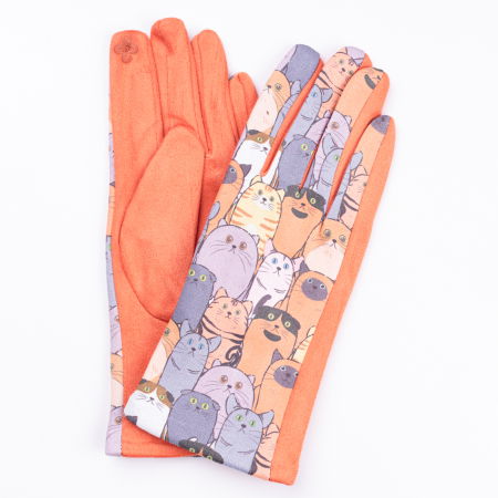 PROMOȚII - Manusi dama imprimeu pisici grasute pe fond portocaliu, material catifelat