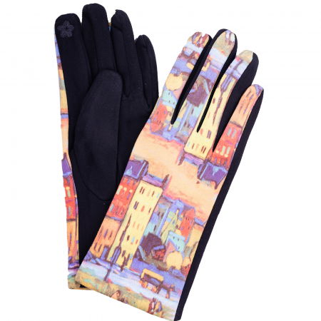 Promoții Accesorii & Bijuterii - Manusi dama, textil cu imprimeu inspirat dintr-o pictura impresionista cu peisaj cu case