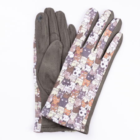 PROMOȚII - Manusi dama imprimeu pisici cu ochi mari pe fond kaki, material catifelat