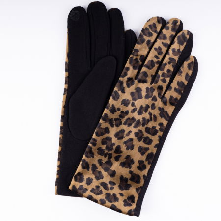 Promoții Accesorii & Bijuterii - Manusi maro textil cu imitatie animal print cu aspect catifelat