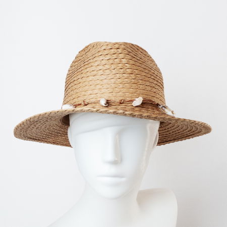 Pălarii - Palarie de paie impletita cu decoratiune din scoici, camel