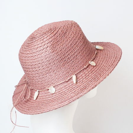 Palarie de paie impletita cu decoratiune din scoici, roz prafuit [1]